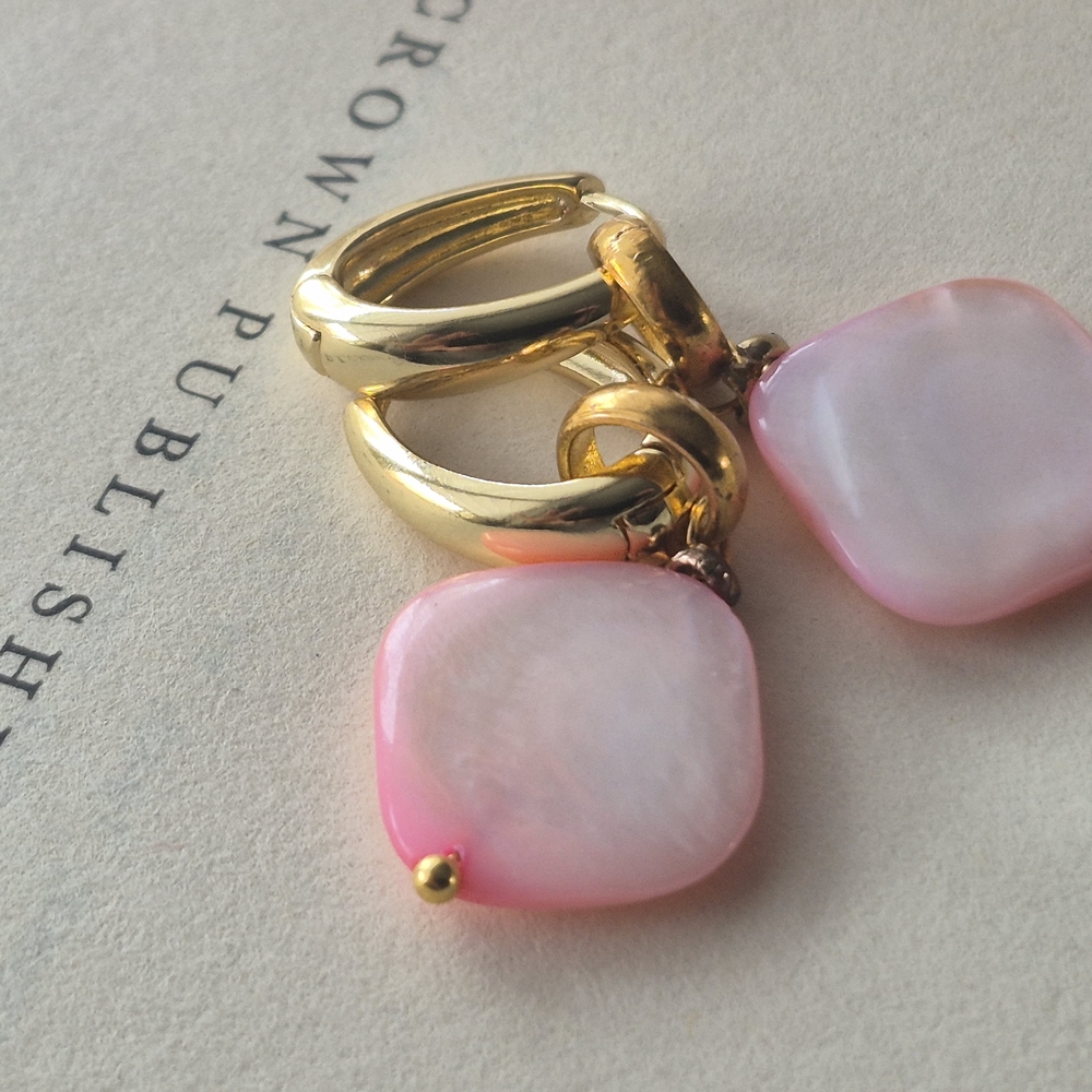 18k Gold Plated Staineless  Hoop Earrings with Pink Mother-of-Pearl Drops